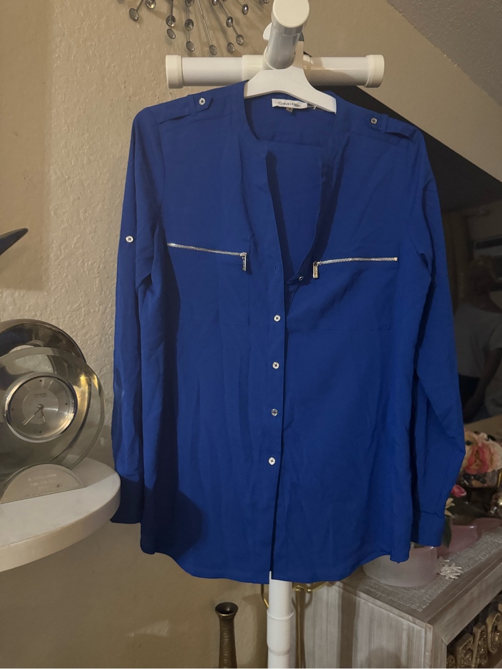 Calvin Klein Royal Blue Button-Front Blouse with Silver Zippers